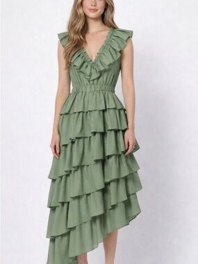 Elliatt Sleeveless Ruffle Tiered Midi Dress - Sage Green